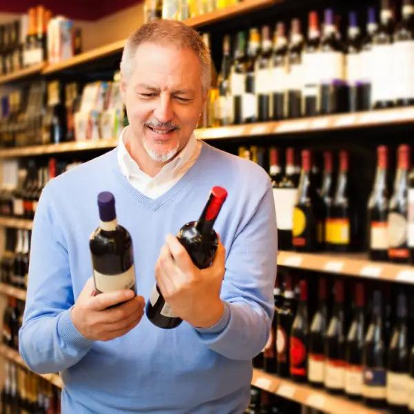  man som läser etiketter för att köpa till sin vinsamling 